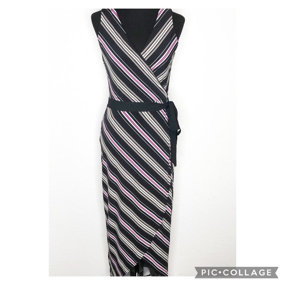 WHBM black white pink striped faux wrap sleeveless maxi dress Extra Small XS